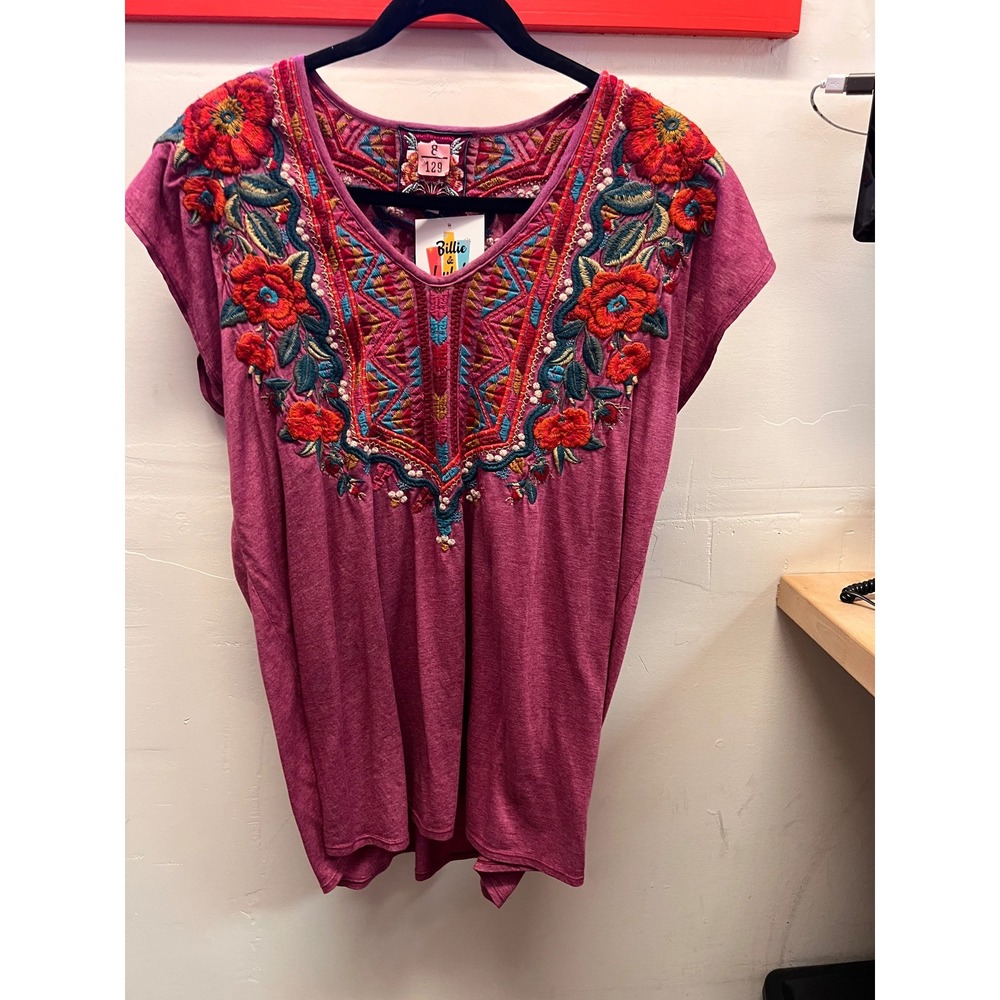 Johnny Was Plum with Floral and Geometric Designs Embroiders Shirt